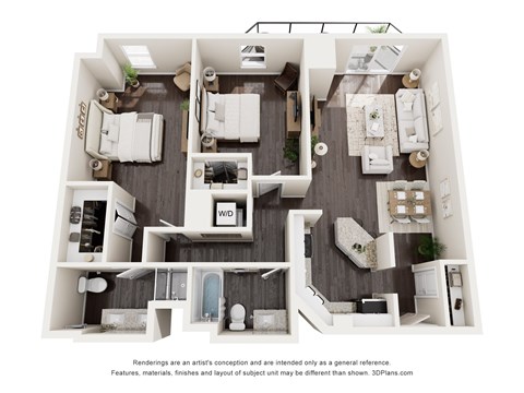 Floor plan for 2 beds, 2 baths, 1251 sqft
